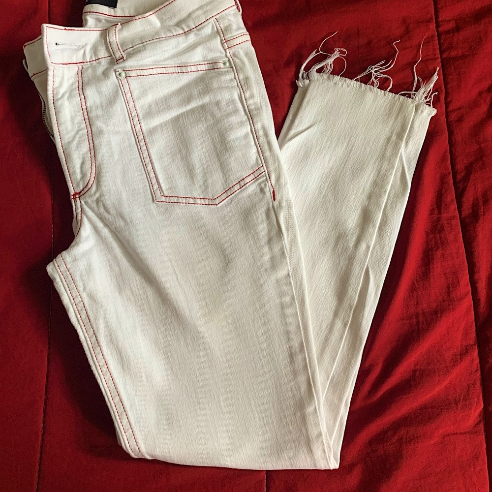 Express Jeans. White with red stitching. Size 8Reg